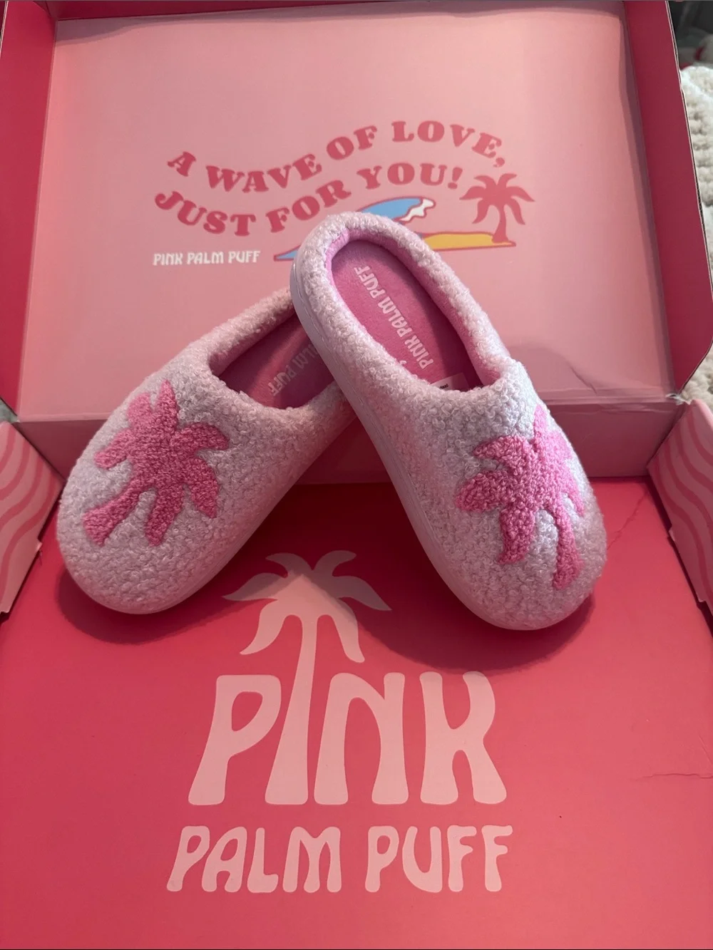 Pink Palm Puff Kids Slippers - Cozy Pink Palm Tree Design